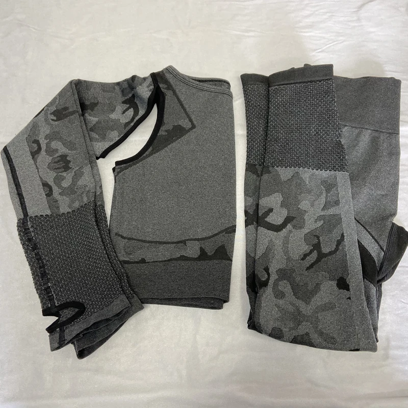 Спортивный бесшовный комплект для занятий йогой, камуфляжная одежда для занятий спортом для спортивного зала, женские леггинсы, дышащий костюм для йоги с длинными рукавами, 2 шт - Цвет: Black set