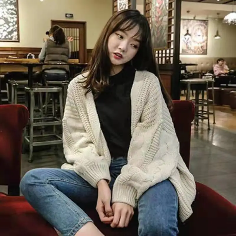 Loose long sleeve twist knitted coat women's thickened cardigan sweater