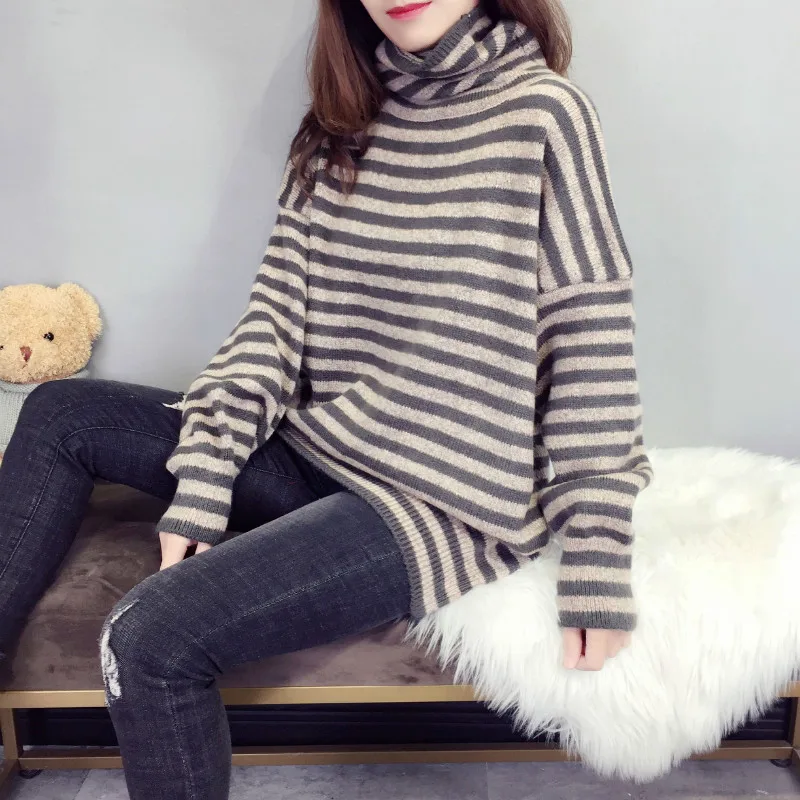 

2019 New Winter Women Sweaters Fashion Turtleneck Pullovers Lady Loose Knitted Warm Striped Sweaters