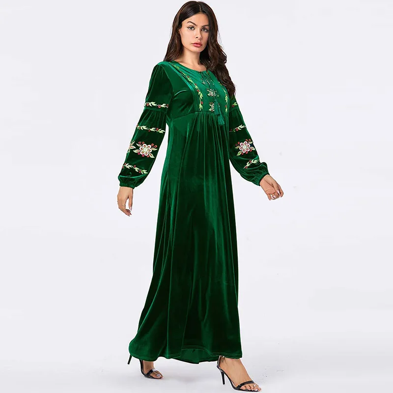 Ближнего Востока модные золотые бархатные халаты повседневное плиссированное платье мусульманский Саудовский Аравия с длинным рукавом Круглый воротник свободные большие размеры платье