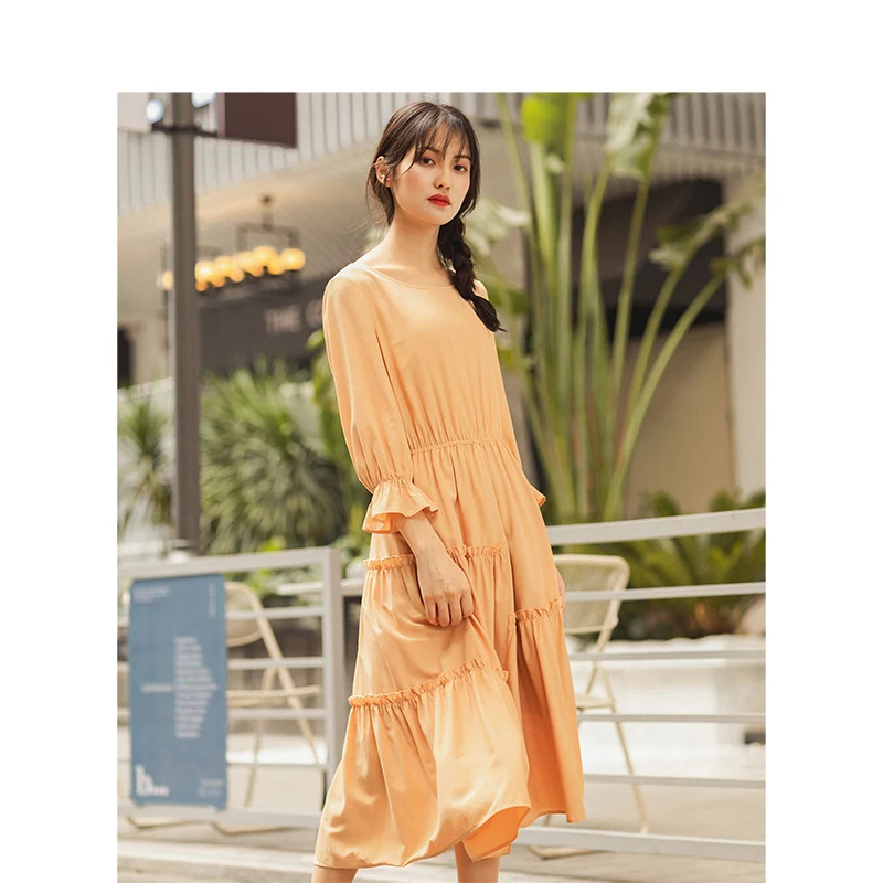 

INMAN 2019 Autumn New Arrival Solid Literary Irregular Split Romantic A-line Defined Waist Slim Women Dress