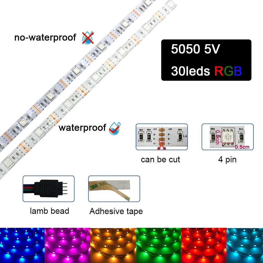 Светодиодная лента постоянного тока 5 в 5050 RGB 60 светодиодный s 30 светодиодный s световая полоса водонепроницаемый RGB светодиодный гибкий фонарь 1 м 2 м 3 м 4 м 5 м для ТВ фонового освещения