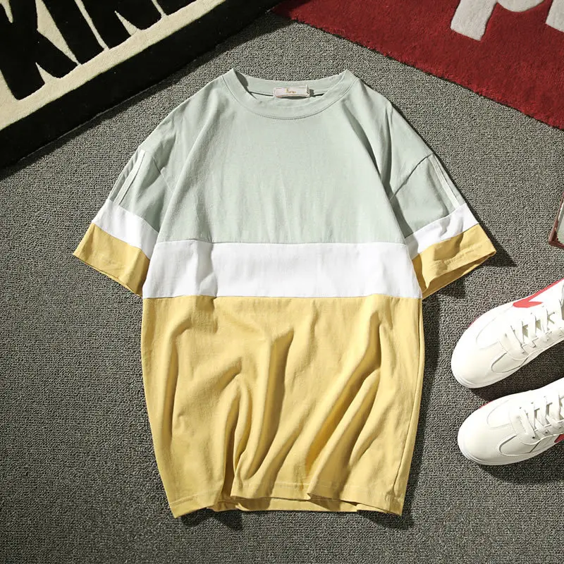 

Teenager Color Block Mixed Colors Cotton Half Sleeve T-shirt Men's Trend Slim Fit Crew Neck Sports Casual Short Sleeve Base Shir