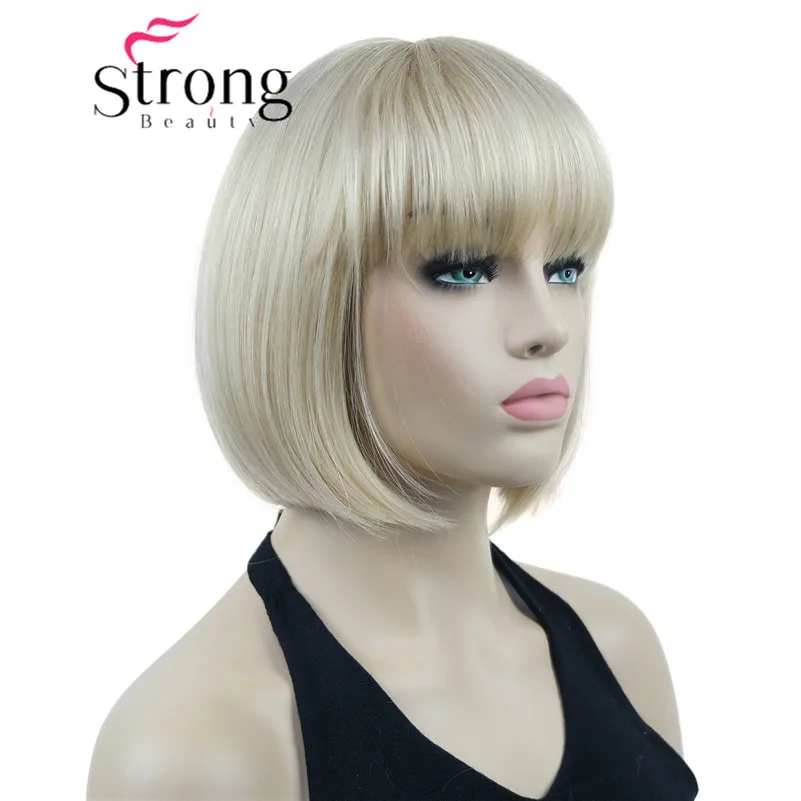 StrongBeauty Bob Short Straight W Bangs Platinum Blonde Full Synthetic Wig Hair Piece