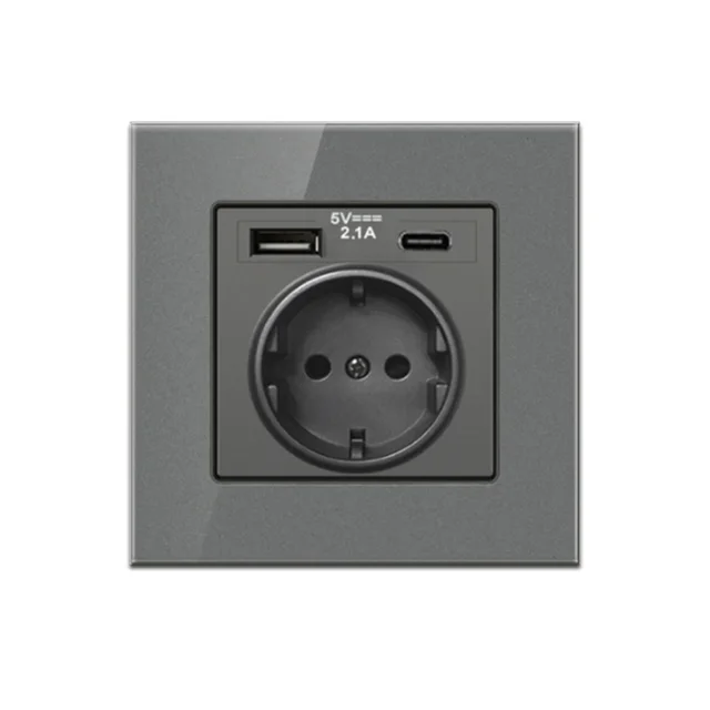 Pop Type-C USB Power Socket German, EU Standard USB  Receptacles,USB C Wall Outlet Russian,2.1A Wall Fast Charger Adapter Poland crystal glass grey