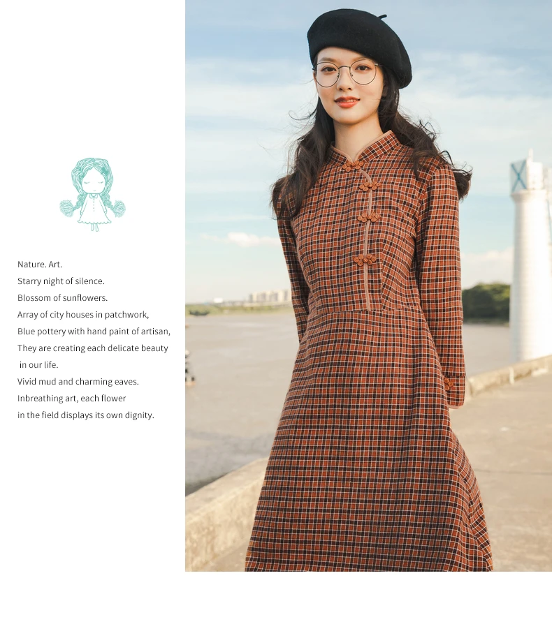 INMAN 2020 Autumn Winter New Arrival Plaid Dress Retro Cotton Buckle Collar Three-quarter Sleeve Dress