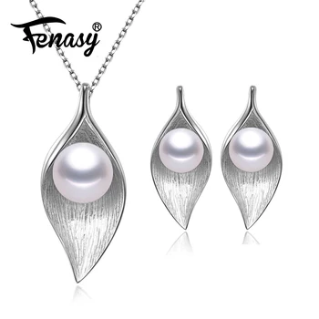 

FENASY 925 Sterling Silver Pendant Necklace Natural Pearl Jewelry Sets For Women Classic Stud Earrings Fashion Idea Gift