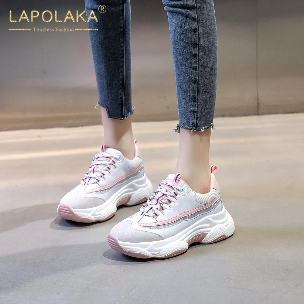 

Lapolaka New Fashion Mix Color Flat Platform Shoes Woman Vulcanize Genuine Leather Pigskin Lace-Up Casual Sneakers Women