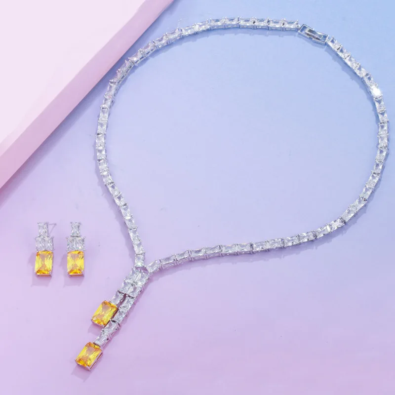 QooLady Temperament Square Cut Yellow Cubic Zirconia Stone Long Necklace Pendant and Earring for Bridal Wedding Jewelry Set Z035