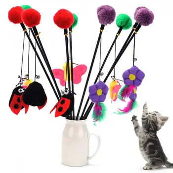 

Cartoon Pet Cat Teaser Butterfly Flower Ladybird Play Stick Rod Interactive Toy Wand Plush Long Rod Cats Teaser Pet Products