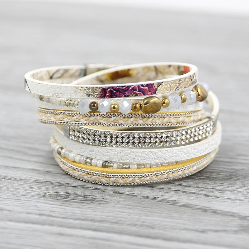 Браслет женский STRATHSPEY из белой кожи с натуральным камнем многослойный весенний