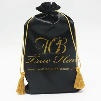 

20PCS Luxury Black Satin Drawstring Bag Silk Tassel Hair Packaging Bags Custom Logo Print Gift Bag 20x30/30x40/40x50cm Dust Bags