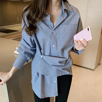 

Women Turn Down Collar Long-sleeved Long Blouse Korean Style Office Lady Simple Retro Stripes Pattern Shirt