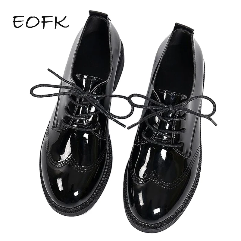 EOFK-zapatos de Ballet de cuero negro completo para mujer, suela plana Oxford con formas Brogue, para oficina, otoño y primavera