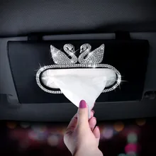 Crystal Car Sun Visor Tissue Box Leather Tissue Bag With Swan Diamond Sunvisor Hanging Holder Napkin Case Interior Accessories