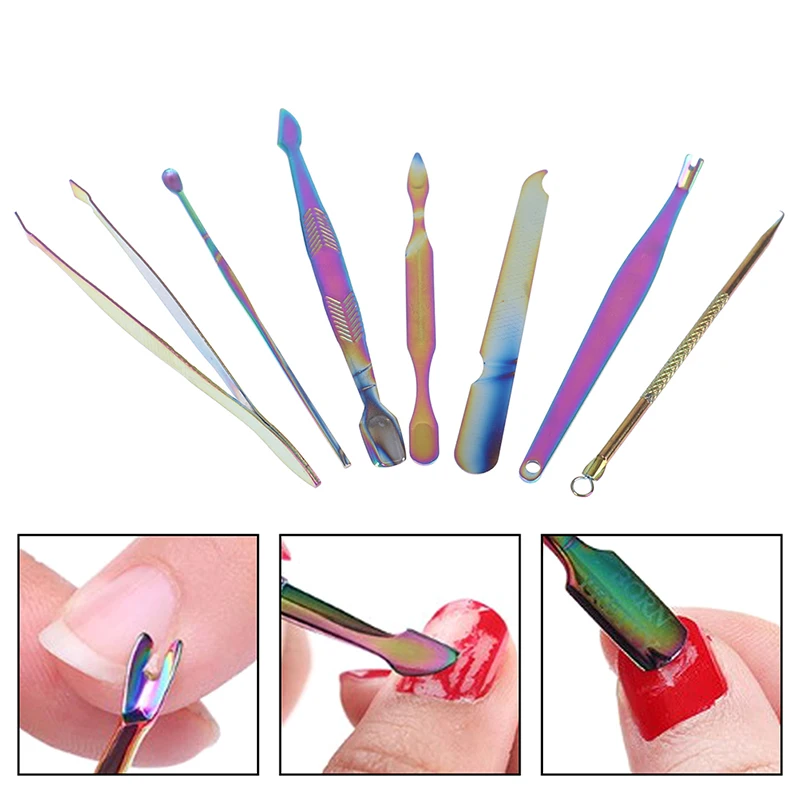 Stainless Steel Rainbow Tweezer Clipper Dead Skin Remover Edge Scissor Plier Manicure Cuticle Pusher Nail Art Tools