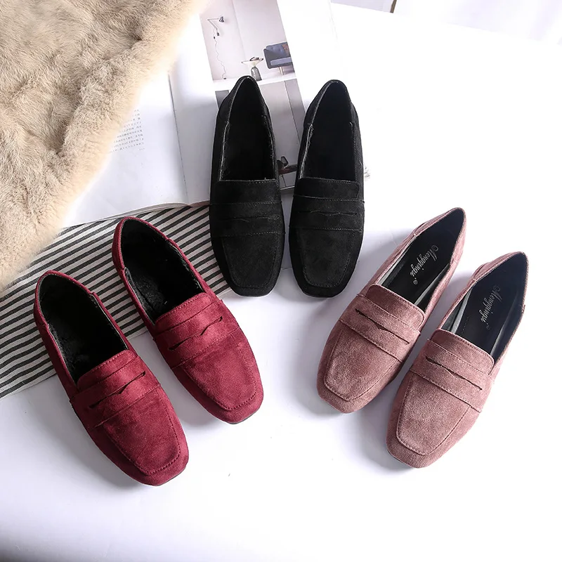 Женская обувь; зимние лоферы с закрытым носком на плоской подошве; бархатные с квадратным носком; флисовые шлёпанцы; цвет черный, красный, розовый; большие размеры; zapatos mujer