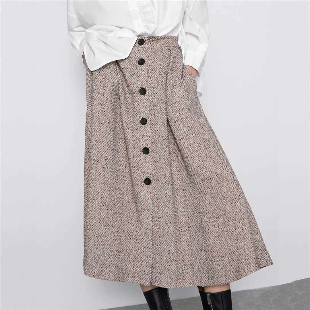 Модные трикотажные юбки ZA, корейские модные осенне-зимние повседневные однотонные Трикотажные Хлопковые женские юбки на пуговицах с высокой талией