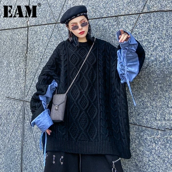 

[EAM] Drawstring Striped Big Size Knitting Sweater Round Neck Long Sleeve Women Pullovers New Fashion Autumn Winter 2020 1DC343