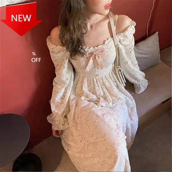 

Vintage Dress Long Sleeve One Piece Dress Korean 2020 Autumn Fairy Floral Dress Women Sweet Lace Square Collar Evening Party