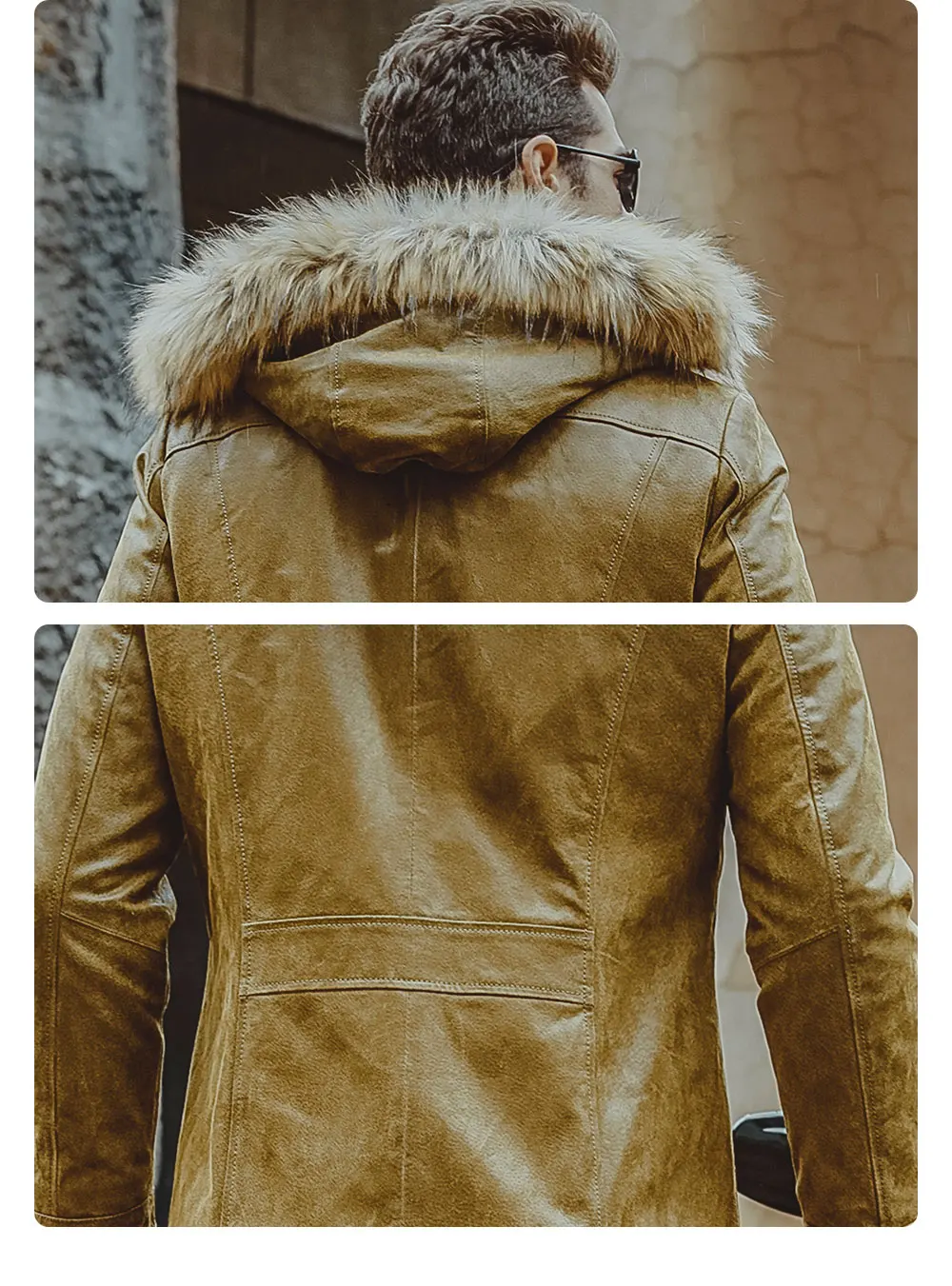 Kожаная куртка мужская с подкладкой из хлопка, куртки из натрупльной кожи с капюшоном, жакеты из свиной шкуры, теплое пальто желтого цвета с меховой шапкой для зимы
