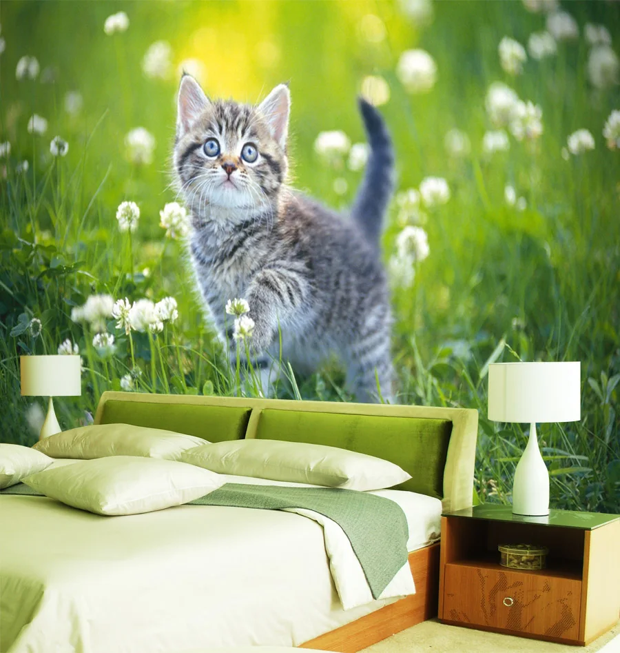 Cute Cat Wallpaper Custom 3D Wall Mural Kitten in Flower Field Photo Wallpaper Pet shop Kids Girls Bedroom Living Room Decor