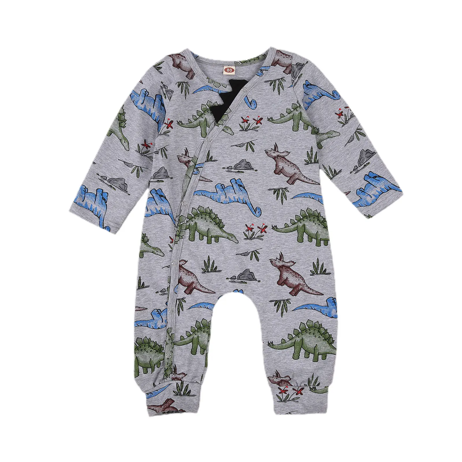 

Newborn Baby Girls Boys Romper Outfits, Autumn Warm Round Neck Long Sleeve Buttons Dinosaur Print Spring Jumpsuits Clothes