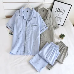 New Men's Pajamas Two-piece Spring and Summer 100% Cotton Gauze Short-sleeved Trousers Thin Casual Home Wear Cover Men Pajamas