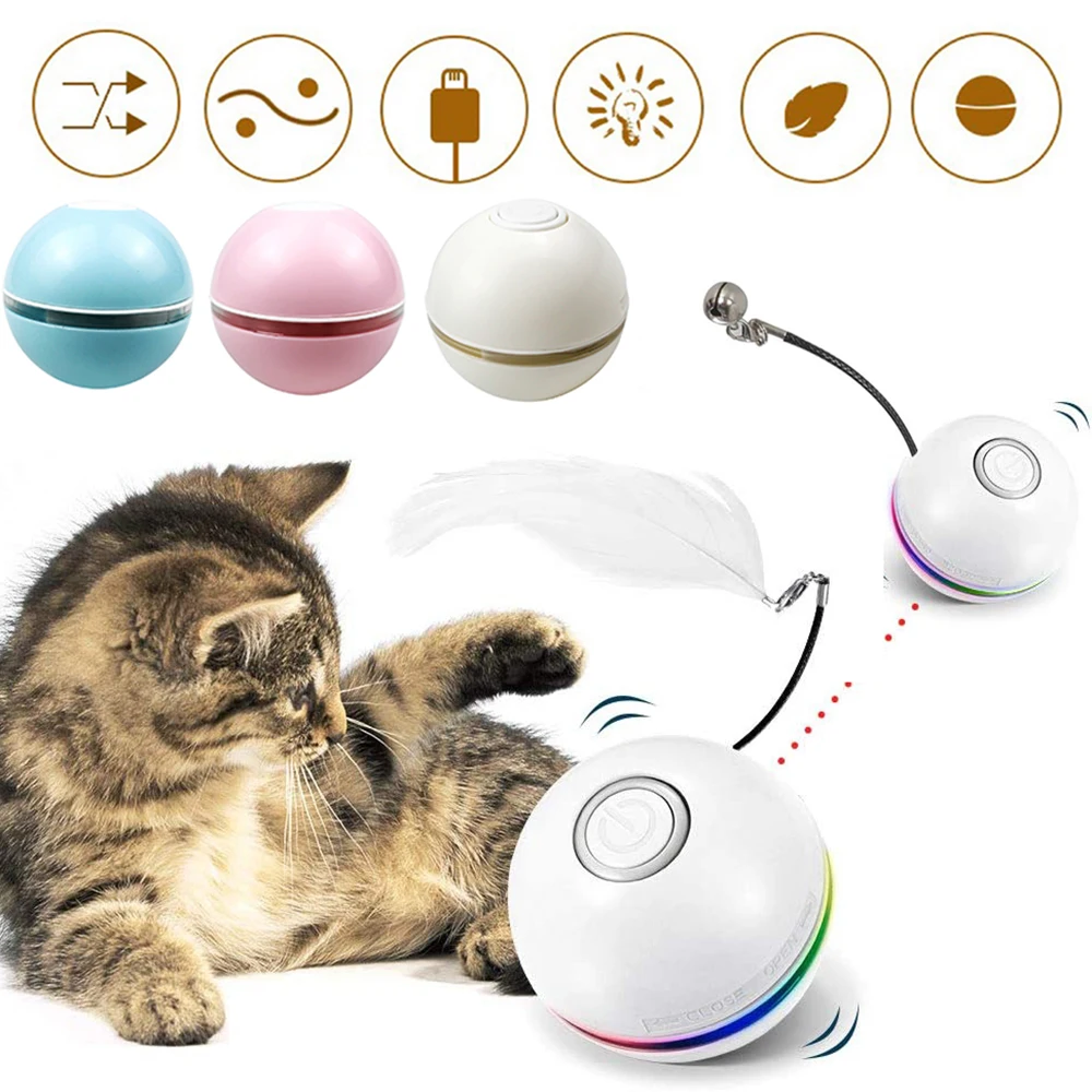 

Automatic Smart Cat Toys Ball Interactive Catnip USB Rechargeable Self Rotating Colorful Led Feather Bells Toys for Cats Kitten