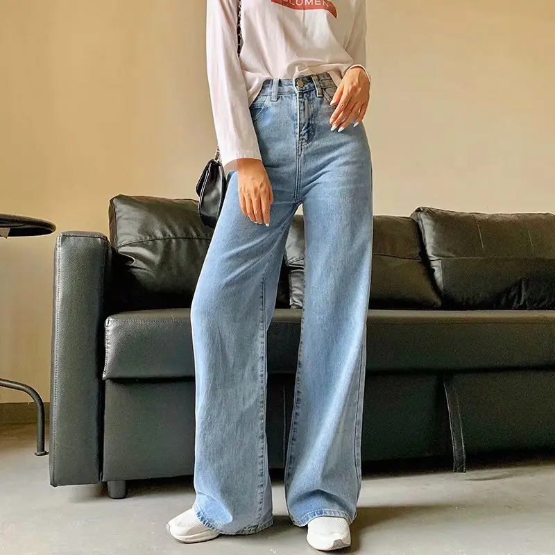 

2019 autumn and winter new retro style high waist solid color wide leg jeans women street solid color slim straight jeans ladies