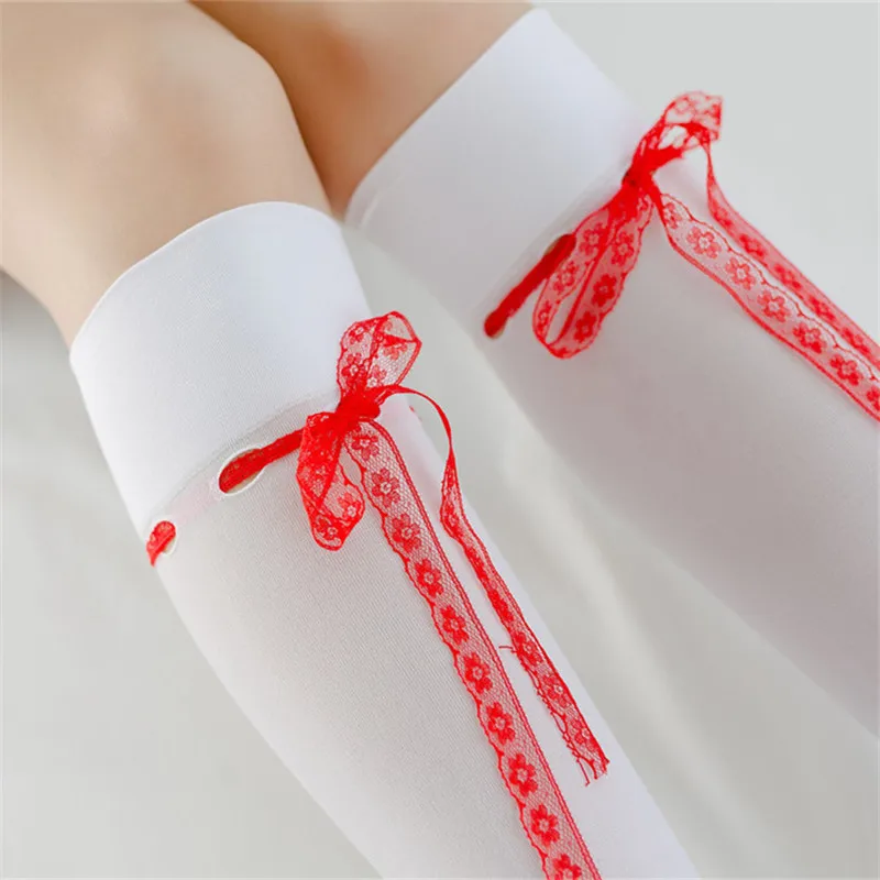 0996white red Good Quality Women Lower Knee Socks Thigh High Stockings Opaque Warm Japanese School Student Lace Bow Long Sock Hot Sale - Цвет: 0996white red