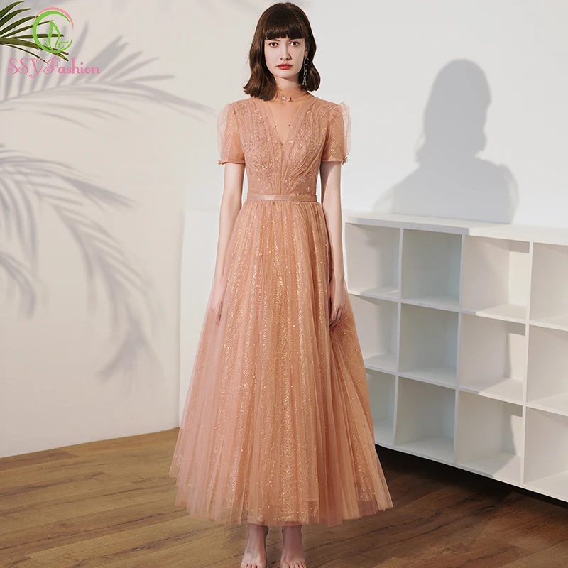 SSYFashion/Новинка Коктейльное вечернее платье цвета шампанского с высоким воротом и
