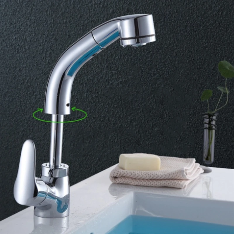 

Pull Out Bathroom Sink Faucet Hot and Cold Water Mixer Crane Lift Up and Down Chrome Finished 360 Degree Water Mixer Tap