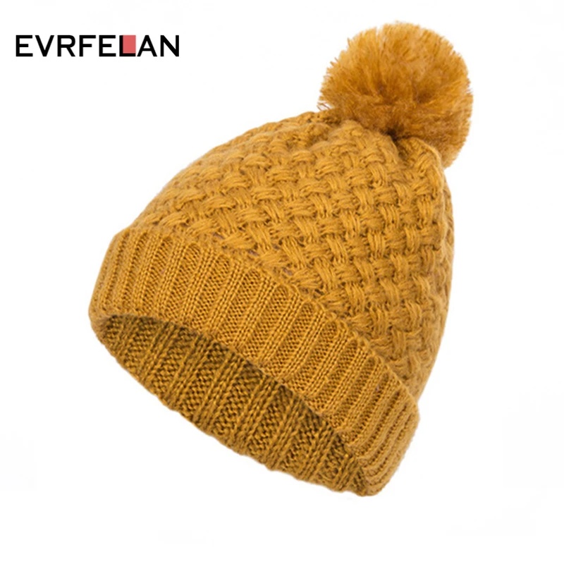 Evrfelan, Новое поступление, зимняя теплая женская шапка бини, одноцветная шапка Skullies Beanies, шапка с помпоном, женский плюс бархатный шарф-кольцо
