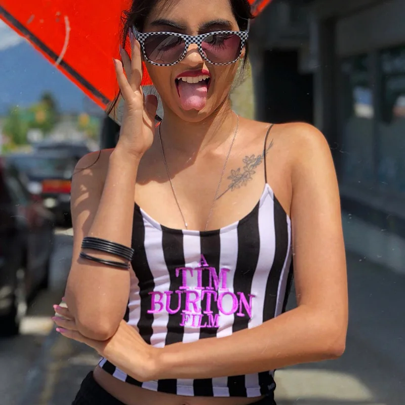 half bra Letter Embroidery Camis Women Sexy Crop Top 2022 Summer Sleeveless Skinny Camisole Black White Stripe Vests Tee TIM BURTON FILM cheap bras