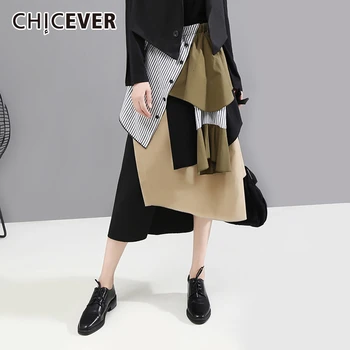 

CHICEVER Patchwork Asymmetrical Skirt For Women High Waist Irregular Hit Color Midi Skirts Female 2020 Autumn Fashion Clothes