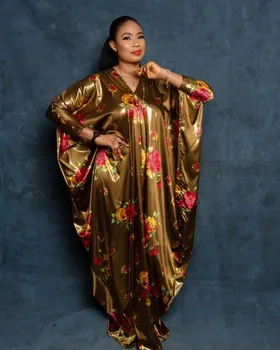 

Length 155cm African Design Silk Muslim Abaya Print Dashiki Dress Bat Sleeve Fairy Maxi Robe Gowns Broder Riche Sexy Lady Party