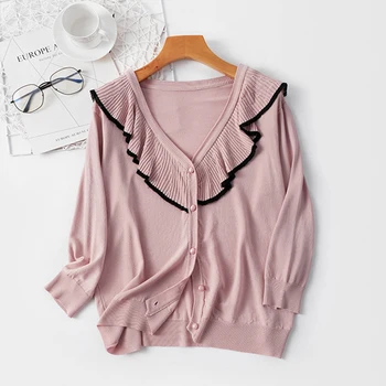 

2020 Spring Thin Knitted Sweater Cardigan Women Ruffle Elegant Knitted Sweater Coat Korean Fashion Cardigans Feminino