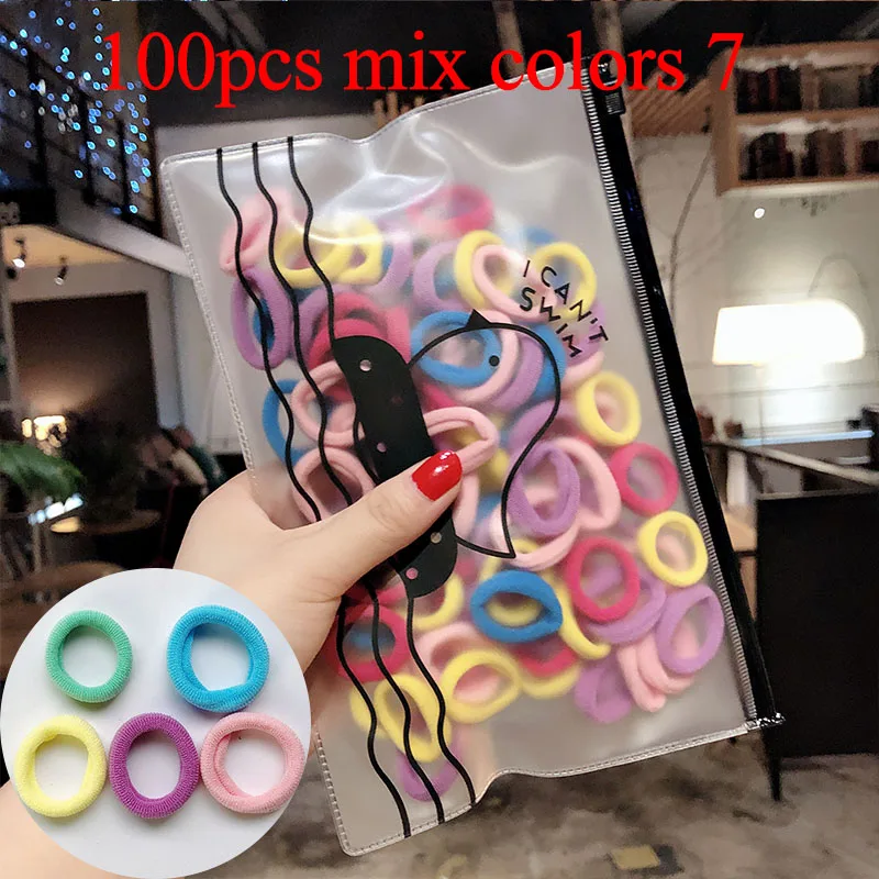 100pcs mix colors 7 50/100 шт./компл. и девочек цветной зарядный кабель в нейлоновый оплетке с небольшой резинки для волос Дети хвост держатель резиновые резинки для волос аксессуары - Цвет: 100pcs mix colors 7