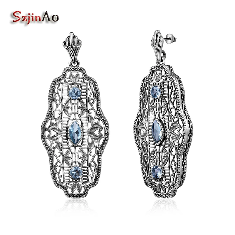 100% Real Sterling Silver 925 Earings Vintage Aquamarine Solid Retro Blue Long Dangle Earrings Party Jewelry For Women Gift