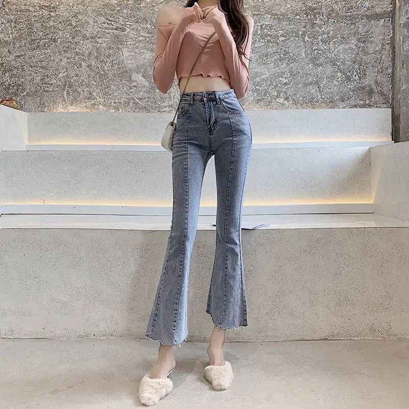 

2021 Spring Summer Women's New Style Flared Pants Casual Streetwear Elegant High Waist Denim Pants Slim Boot Cut Jeans For Women