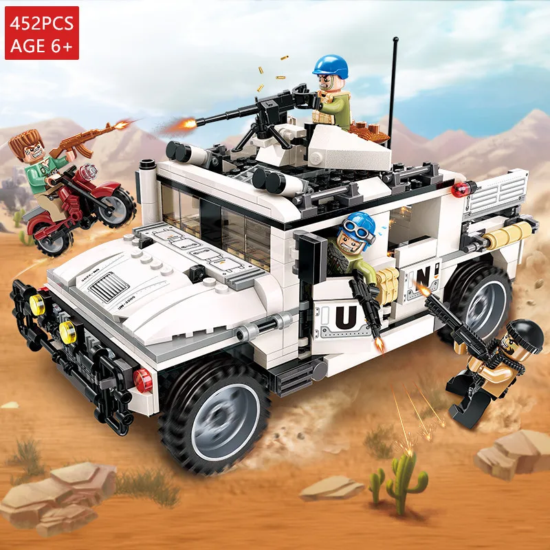 

452Pcs Military Peacekeeping Force Thunder Mission ARMY Hummer Car LegoINGLs Playmiobil Building Blocks Sets Toys For Children