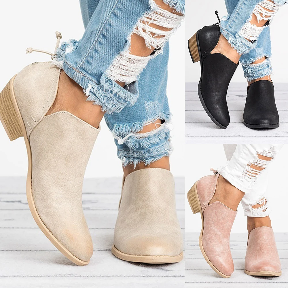 

Women Slip on Ankle Boots Casual Cut Out Chunky Low Heels Autumn Short Boots Fashion Pointed Toe Booties Female 2019