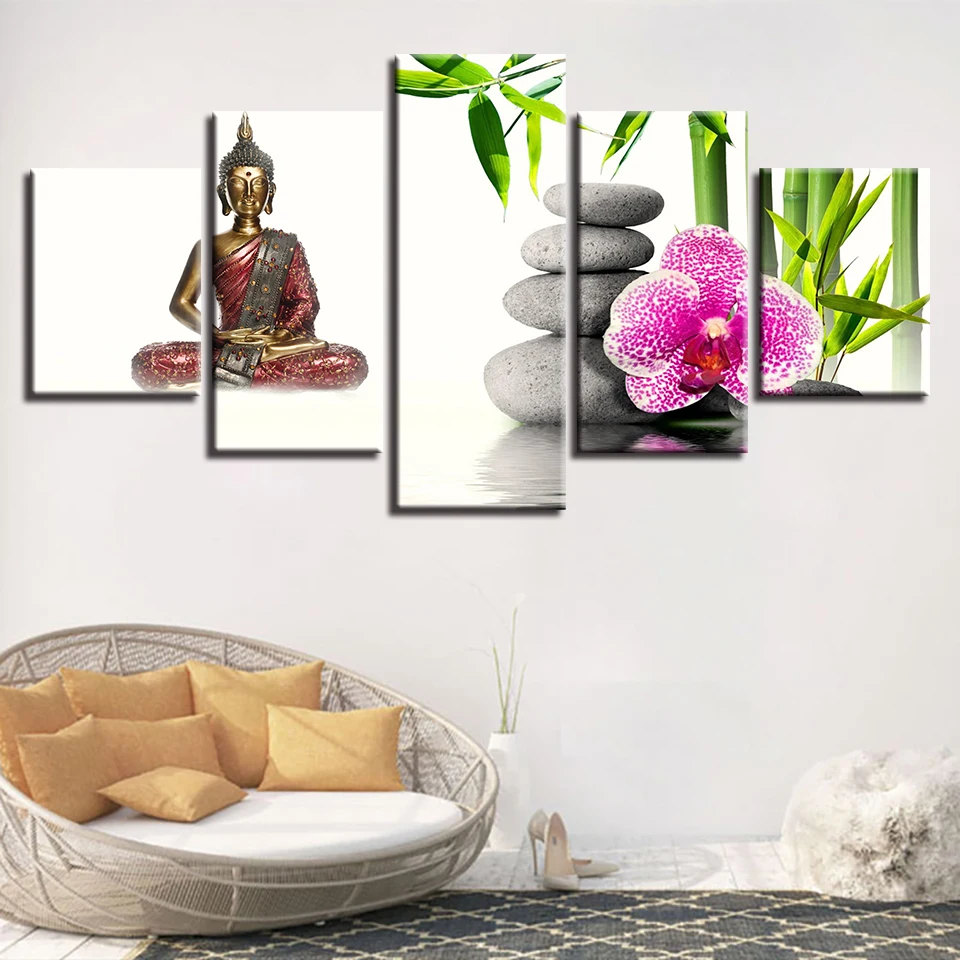 Canvas-Wall-Art-Pictures-Home-Decor-Living-Room-5-Pieces-Buddha-Statue-Orchid-Stone-Bamboo-Painting (2)