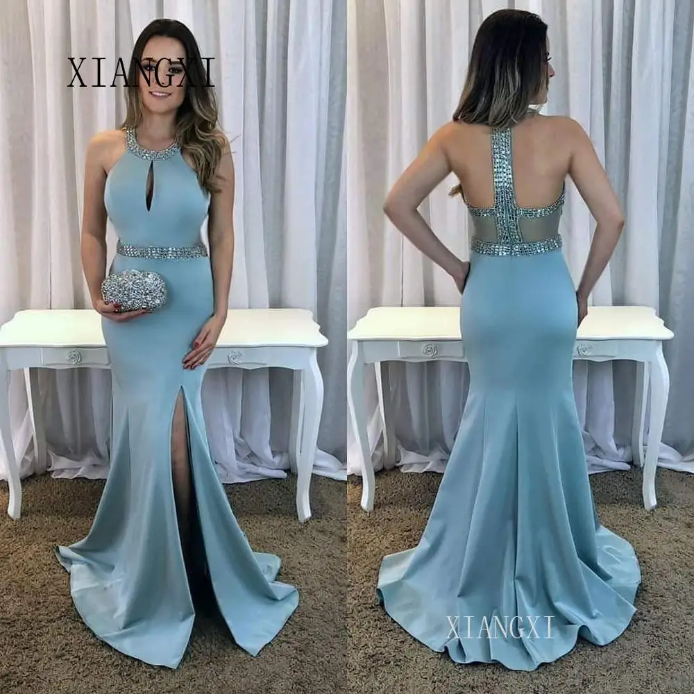 

Satin Long Evening Dress 2019 Satin A-Line High Collar Sleeveless High Split Floor Length Evening Dresses