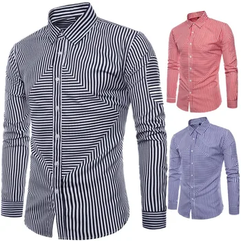 

European Code 2019 Autumn Dress Shirt Newest Men's Striped Design Long-sleeved Shirt Red Black Colors Men's Long Sleeve Shirt