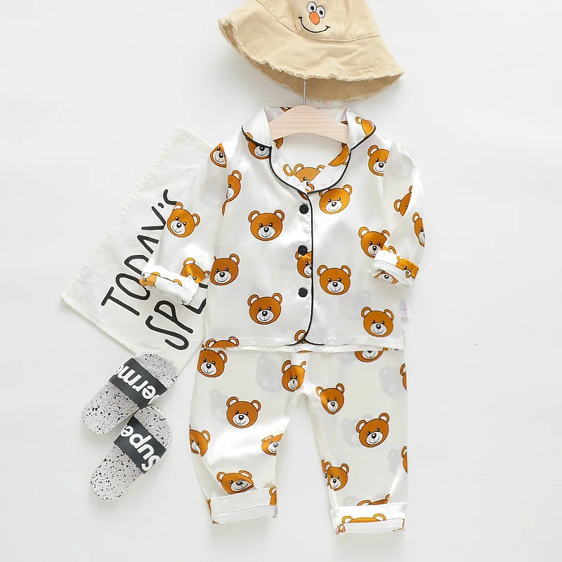 DIIMUU Spring Fashion Children's Sleepwear Sets Kids Clothes Toddler Boy Girl Ice Silk Satin Long Sleeve Tops Pants Set Pajamas