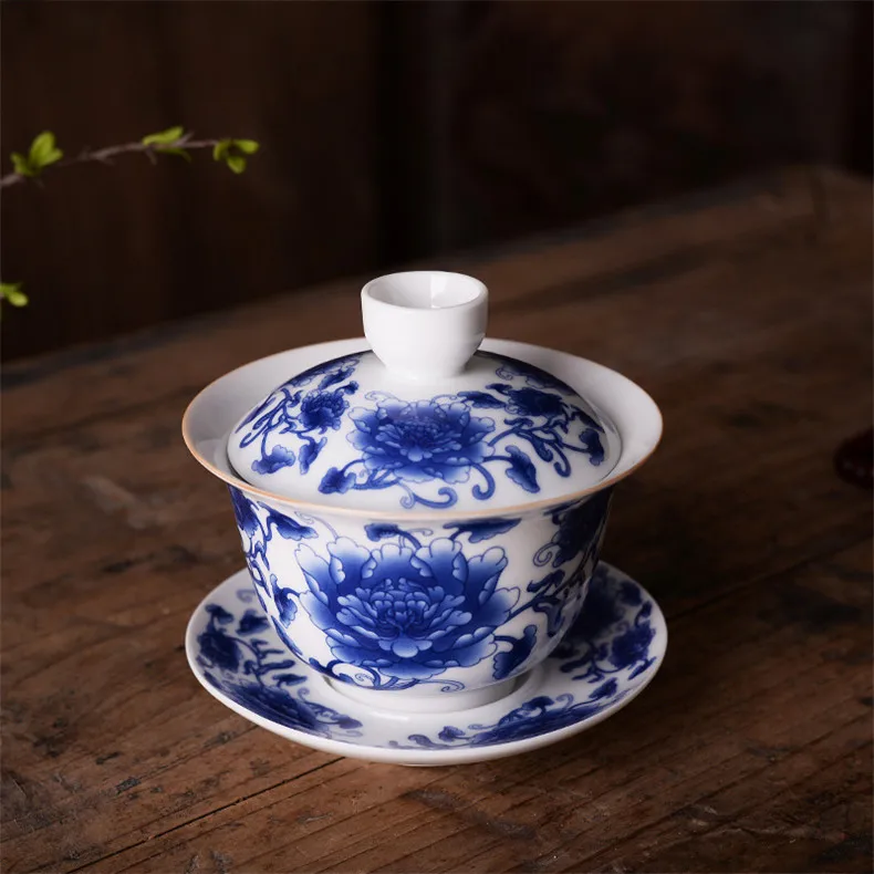 Peony Китайская чайная чашка, 180 мл, большая чайная чаша, голубой и белый фарфор, GaiWan, керамический чайный набор Coff eeCup и блюдце - Цвет: Peony