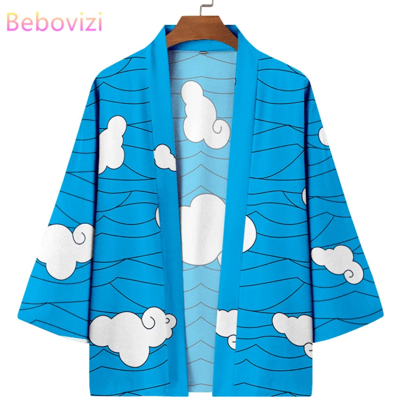 Japanese Style Clouds Print Blue Beach Yukata Women Men Kimono Harajuku Cardigan Traditional Samurai Cosplay Haori Robe Clothing auspicious clouds and chinese dragon print kimono xl ocean blue