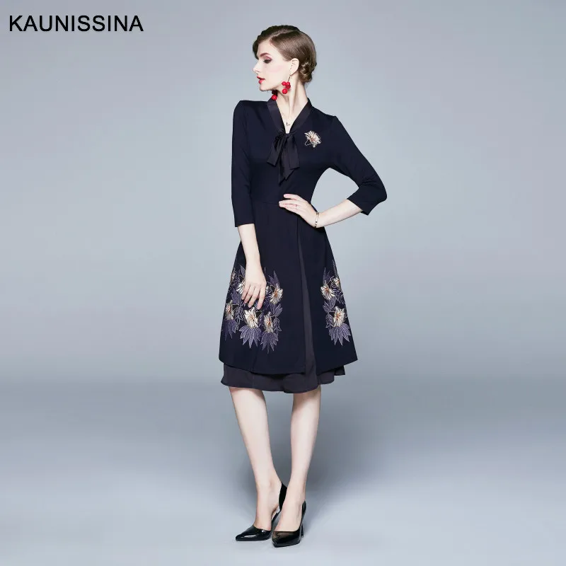 KAUNISSINA Элегантное коктейльное платье стиль вечерние платье 3/4 рукавом v-образный вырез вышивка Винтаж осень-зима платье Vestidos